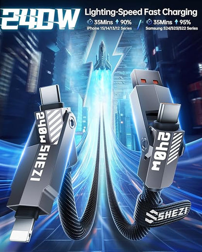 SHEZI Nylon Braided 4 in 1 USB C Cable 240W 5FT Compatible with Lightning Cable, Fast Charging for iPhone/iPad Charger Cord [480Mbps Data Sync],Multi Charging Cable with Type C/USB A, Grey