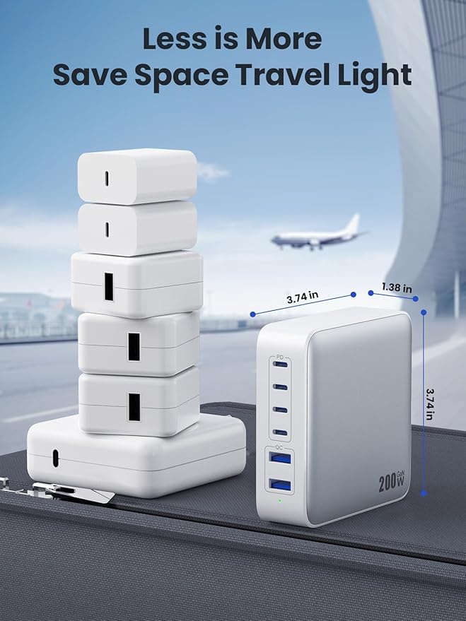 USB C Charger Block Charging Station 200W,Upgraded GaN IV 6-in-1 USB C Charger Fast Charging Hub,PD 65W Laptop Desktop Charging Adapter Compatible with MacBook/iPad, DELL,iPhone 16/15,Android etc