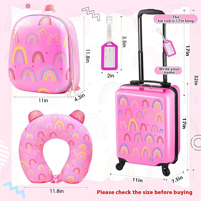 Sanwuta 4 Pcs Kids Luggage Set Backpack Travel Rolling Suitcase U-shape Pillow Christmas Children Gift for Girls Boys(17 Inch,Rainbow Style,Pink)