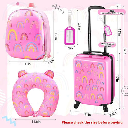 Sanwuta 4 Pcs Kids Luggage Set Backpack Travel Rolling Suitcase U-shape Pillow Christmas Children Gift for Girls Boys(17 Inch,Rainbow Style,Pink)