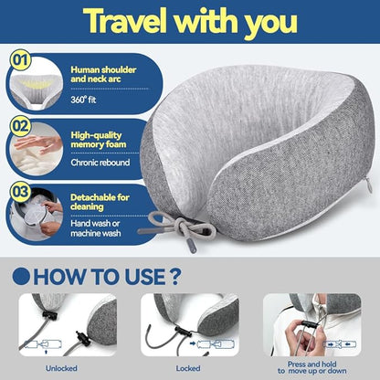 Memory Foam Neck Pillow for Travel Adjustable Airplane Pillow 100 Percent Memory Foam Ergonomic Support for Sleeping on Flights Cars Office Home Use for Adults Men Women