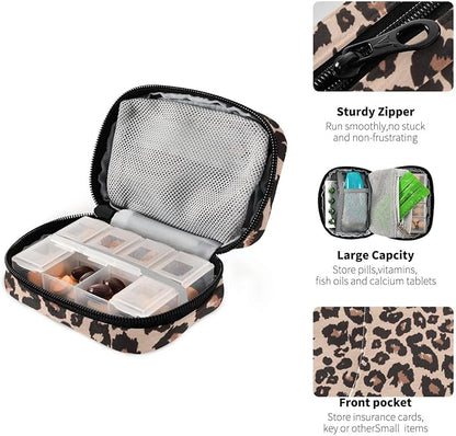 Pill Organizer Box Case Weekly Travel Pill Container Cute Pill Holder 7Day Vitamin Organizer Pill Dispenser Sorter Planner Storage Small Compact Leopard Print Brown08