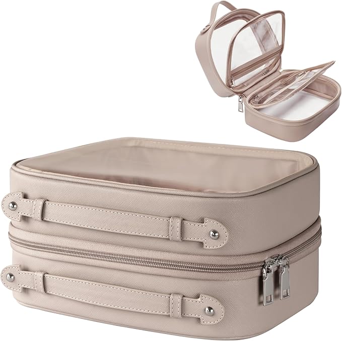 Clear Cosmetic Bag Double Layer Travel Toiletry Bag Clear Makeup Bag Case with 4 Compartments, Transparent Travel Bag for Toiletries, Large Toiletry Bag for Women Cosmetic Case (Taupe, Large)