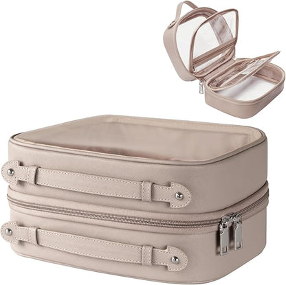 Clear Cosmetic Bag Double Layer Travel Toiletry Bag Clear Makeup Bag Case with 4 Compartments, Transparent Travel Bag for Toiletries, Large Toiletry Bag for Women Cosmetic Case (Taupe, Large)