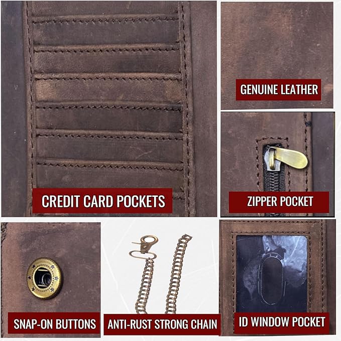 IBRO VINTAGE Motorcycle Chain Wallet for Men – Premium Cowhide Leather, RFID Tri-Fold Biker Wallet with Heavy Duty Chain for Bikers Truckers & Hunters, Credit Card Money Organizer Long Wallet