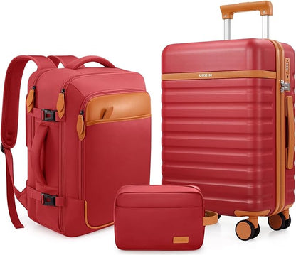 UKEIN Luggage Sets 3 Piece, Carry On Luggage 20In With Spinner Wheels,PC Hardside Suitcase Set with TSA Lock,Durable Carry On Suitcase With Travel Backpack for Men (Red, 3 piece set (20inch))