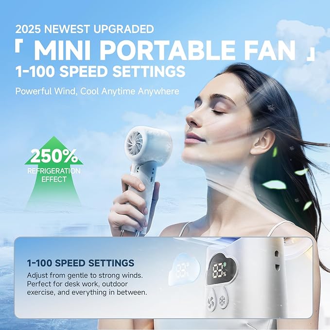 [2025 Upgrade] Portable Cooler Handheld Fan, [Coldest Turbo Hand Fan] 15000RPM 24H Max Cooling Time Highly Speed (1-100) Hand Fan, Collapsible Mini Small for Travel, Office (White)