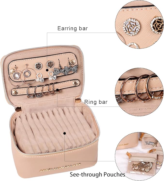 Angelina's Palace Jewelry Organizer Case Bridesmaid Gifts Travel Bag Vegan Leather Box for Necklace Earring Bracelet Ring(light fawn)