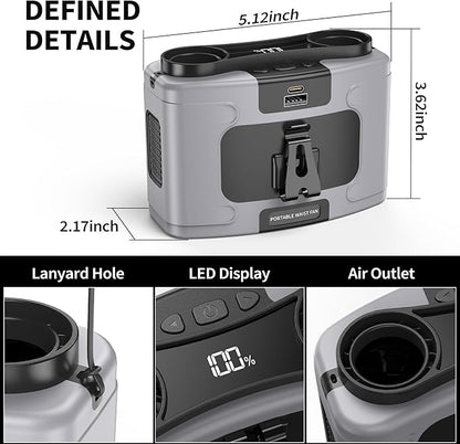 20000mAh Portable Waist Fan, Personal Fan Clip on with Rechargeable Battery operated, 40H Cooling,10 Speeds,16000RPM Hands-Free Belt Neck Fan for Outdoor Jobsite Gardening Camping Travel (Grey)
