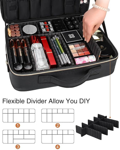 MONSTINA Large Makeup Travel Case Bag,Professional Makeup Artist Train Case with Brush organizer,Large Capacity Cosmetic Bag with Zipper Pocket and Adjustable Compartment（PU Leather Black）