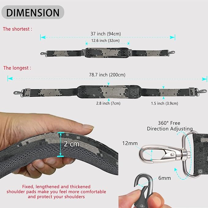 ZINZ 79 inch Shoulder Strap, Extra-thick Fixed Cushion Pad and Dual Clasps Universal Replacement Strap with Metal Swivel Hooks for Laptop Bags, Luggage Bags, Camera, Crossbody(Camouflage Gray)