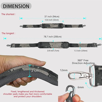ZINZ 79 inch Shoulder Strap, Extra-thick Fixed Cushion Pad and Dual Clasps Universal Replacement Strap with Metal Swivel Hooks for Laptop Bags, Luggage Bags, Camera, Crossbody(Camouflage Gray)
