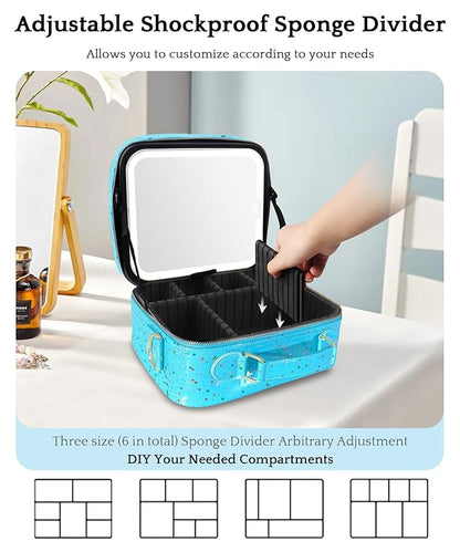 MOMIRA Travel Makeup Bag Cosmetic Bag with Lighted Mirror, Adjustable Brightness in 3 Color Scenarios/Detachable makeup mirror, 2024-All-round Upgrade, Waterproof, Gift for Women -Glett Blue