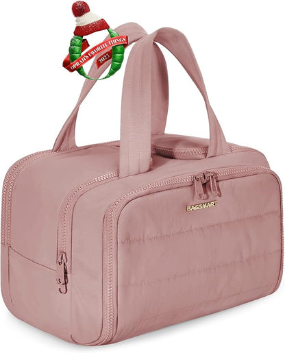 BAGSMART Travel Toiletry Bag, Lightweight Large Wide-open Travel Bag for Women, Puffy Cosmetic Makeup Bag Organizer with Handle for Accessories,Essentials, Toiletries, Dark Pink
