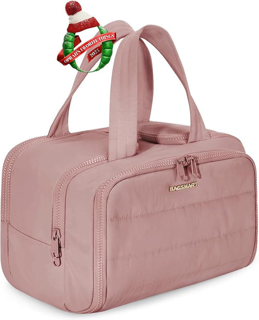 BAGSMART Travel Toiletry Bag, Lightweight Large Wide-open Travel Bag for Women, Puffy Cosmetic Makeup Bag Organizer with Handle for Accessories,Essentials, Toiletries, Dark Pink
