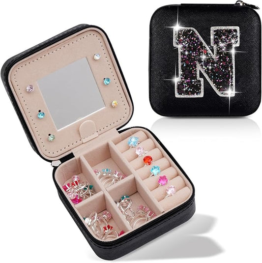 Personalized Jewelry Case for Women Girls - Fashion Mini Jewelry Boxes - Trendy Travel Jewelry Organizer with Initials Letter - Teen Gifts | Black,N