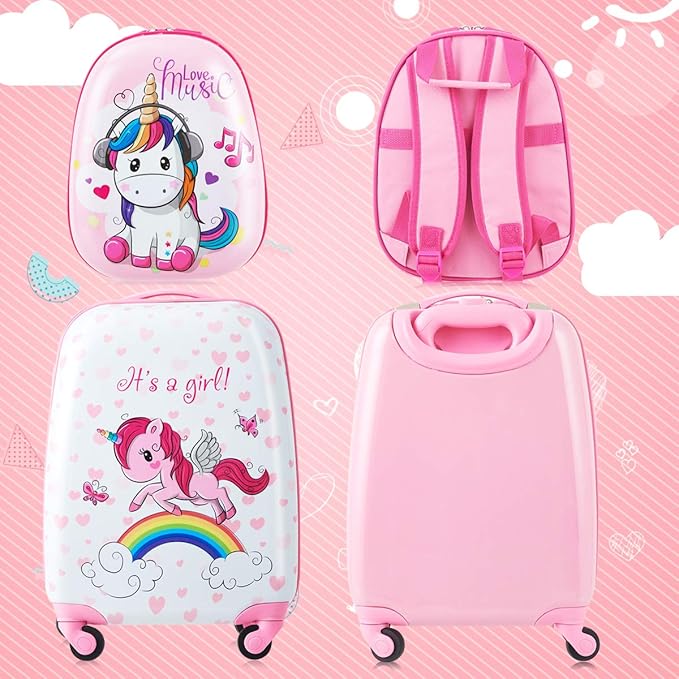 HONEY JOY Kids Luggage, 12" Toddler Backpack & 16" Travel Suitcase with Wheels, Lightweight Toddler Girls Suitcase, Durable ABS Hardshell, 2Pcs Carry On Luggage Set for Boys Girls(Unicorn)
