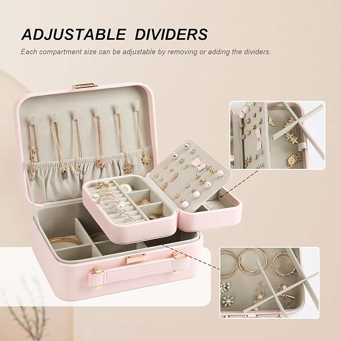 Large Jewelry Travel Organizer, Large Travel Jewelry Box with Removable Jewelry Tray, 2-Layer Jewelry Boxes for Women, Pink