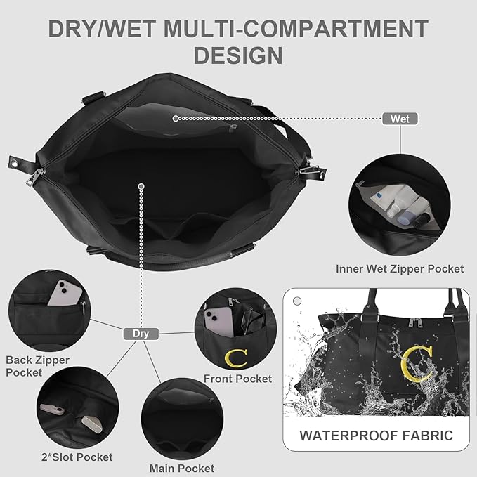 Personalized Initial Gym Dance Bag, Travel Duffel Bag for Teen Girls, Carry On Bag Overnight Weekender Bag with Trolley Sleeve, Birthday Gifts for Women Mom Daughter Graduation Gift(Letter C, Black)