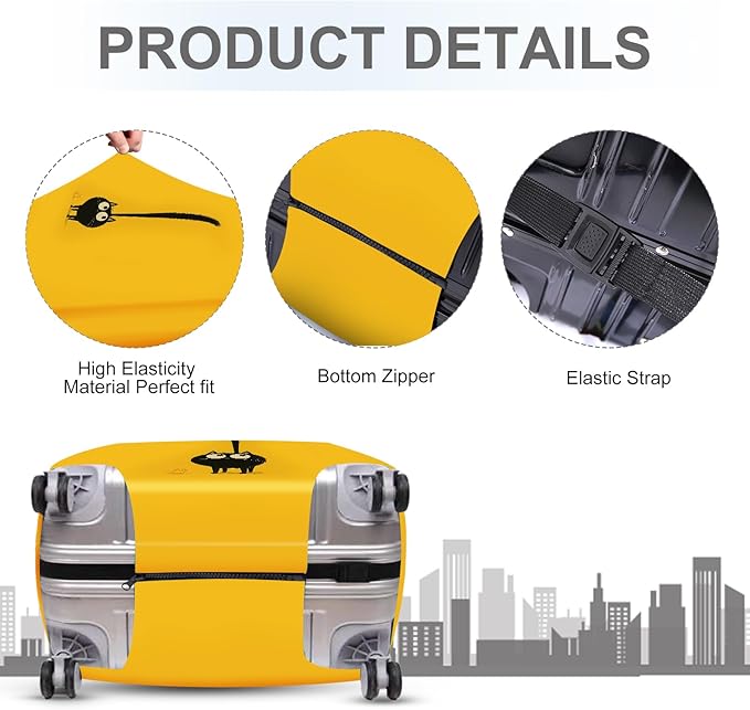 ANNA QUEEN Cute Black Cat Luggage Cover, Whimsical Cat Design with Long Tail, Stretchable, Washable Travel Protector for 24-26 Inch Luggage