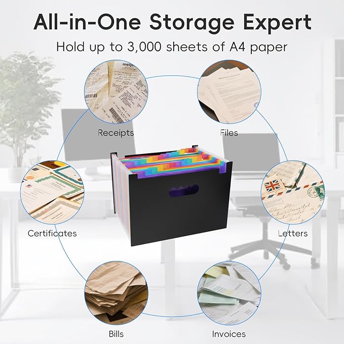 File Organizer Box with Folder, 25 Pockets Accordion File Organizer with Colored Labels, Upgraded & Portable File Folders for Home, Office, School, Silver