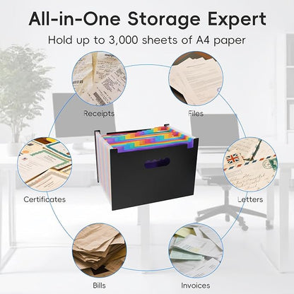 File Organizer Box with Folder, 25 Pockets Accordion File Organizer with Colored Labels, Upgraded & Portable File Folders for Home, Office, School, Black-Leather