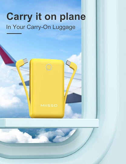 miisso 10000mAh Compatible with iPhone 15/16/17 and Android, Slim Portable Charger with Built in Cable, Power Bank Travel Charger External Battery Pack for Phone, 3 Output USB Type C Cord, Yellow