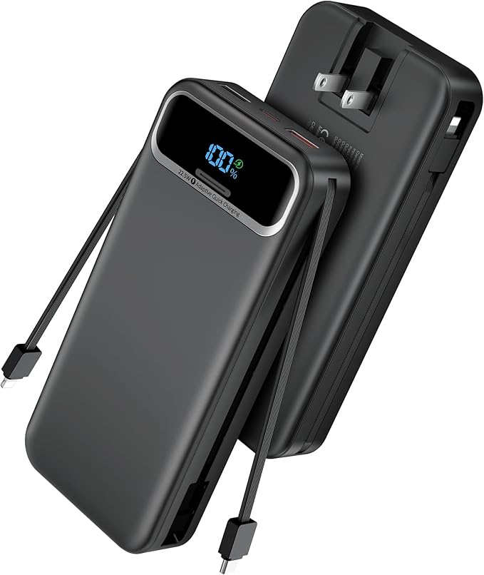 Portable Charger Power Bank with Built in Cables and AC Wall Plug,PD20W&SCP22.5W USB-C Super Fast Charging,20000mAh Travel Phone Charging,LED Display Battery Pack Compatible All iPhone Samsung etc