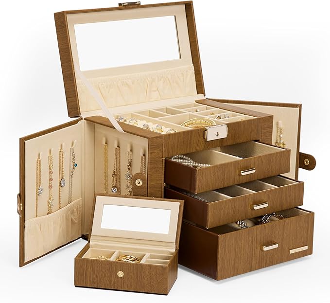 Homde 2 IN 1 Jewelry Box for Women Girls with Small Travel Case Mirror Necklace Ring Earrings Organizer - Christmas Gifts (Brown + Gold)