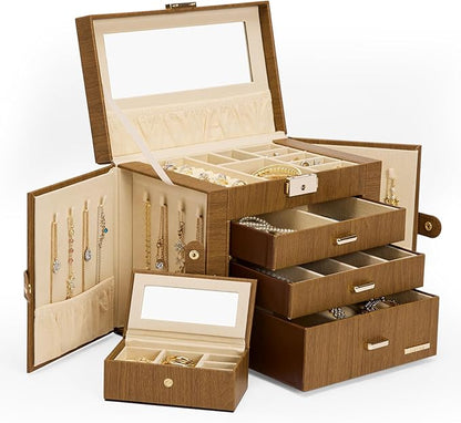 Homde 2 IN 1 Jewelry Box for Women Girls with Small Travel Case Mirror Necklace Ring Earrings Organizer - Christmas Gifts (Brown + Gold)