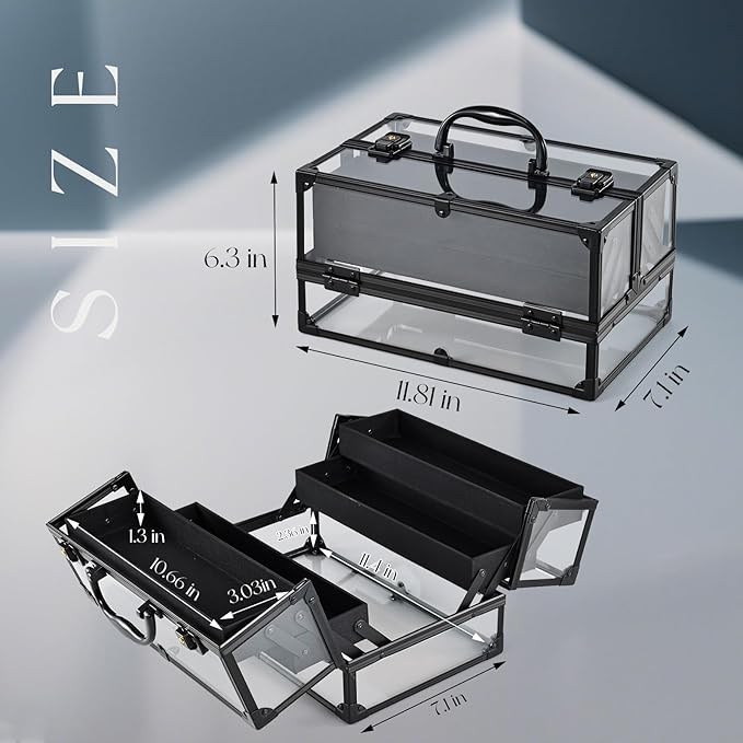 FRENESSA Portable Makeup Case Cosmetics Display Toiletry Organizer Box Transparent Acrylic Artists Train Case with 4 Trays Travel Makeup Tools Storage for Vanity Counter Dresser Organizer Black