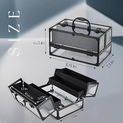 FRENESSA Portable Makeup Case Cosmetics Display Toiletry Organizer Box Transparent Acrylic Artists Train Case with 4 Trays Travel Makeup Tools Storage for Vanity Counter Dresser Organizer Black