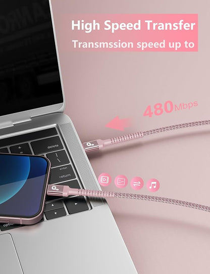 USBC Cable 10FT, 2Pack Long USBC Fast Charging Cable, Nylon Braided USB C to USB C iPhone Charger Cord Compatible with iPhone 17/16/15/Pro Max/Plus/Samsung Galaxy S23/LG and More-Pink