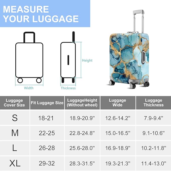 FOREVER QUEEN Luxury Light Blue Gold Marble Luggage Cover Suitcase Protector Suitcase Cover Anti-Scratch,Stretchable Bag Cover Washable Durable Polyester