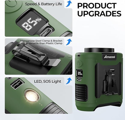 AMACOOL Portable Waist Fan Clip On, MAX 40H Work Time, 10000mAh Rechargeable Wearable Shirt Fan with Light, 16000RPM Powerful 5 Speed Belt Fans Personal Cooling Fans for Outdoor Jobsite Travel