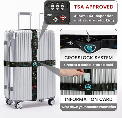 Travelkin Luggage Straps TSA Approved - Adjustable Cross Suitcase Straps with TSA Lock, Reinforced Buckle, Unique Pattern - Secure Heavy Duty Luggage Straps for Travel (Air Line Black)