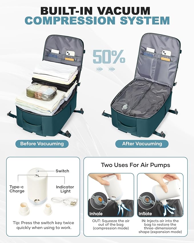 coofay Large Vacuum Backpack Travel with Pump Vacpack Travel Backpack with Vacuum System Compression Backpacks for Travel Easy Vac Pack Carry on Luggage