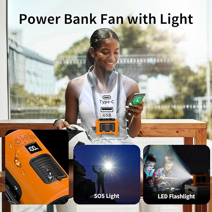 Socool 14500mAh Portable Waist Fan Clip On Wearable Belt Shirt Fan 5 Speeds with Dual Air Outlet & Flashlight Personal Hanging Neck Fans Battery Operated Rechargeable 40H Cooling For Camping Jobsite