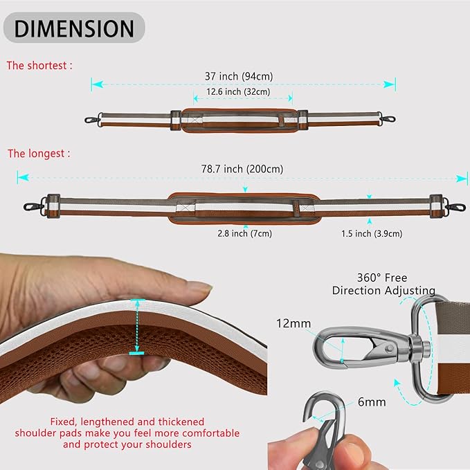 ZINZ 79 inch Shoulder Strap, Extra-thick Fixed Cushion Pad and Dual Clasps Universal Replacement Strap with Metal Swivel Hooks for Laptop Bags, Luggage Bags, Camera, Crossbody(Stripes-BrWGy)