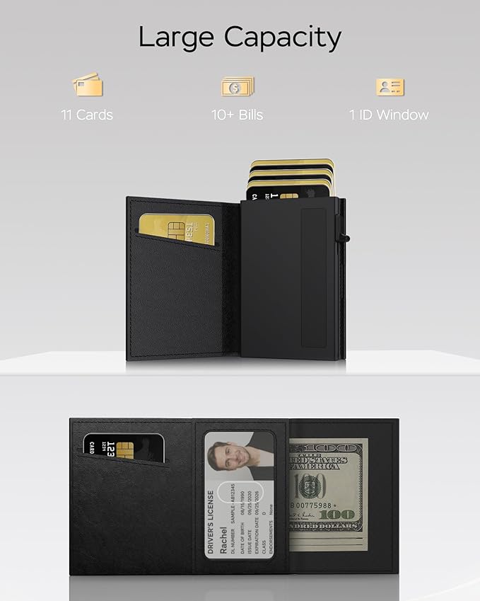 Wallet for Men - Sleek & Functional - Secure RFID Blocking Wallet with Smart Metal Pop Up Credit Card Holder, Minimalist Slim Front Pocket 11+ Cards ID Window Cash Slot, Gift for Him
