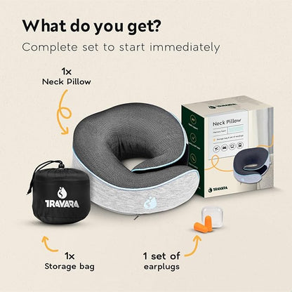 Travel Pillow - Airplane Neck Pillow with 360° Support - 100% Pure Memory Foam Flight Pillow for Sleeping on Airplanes - Travel Neck Pillow for Traveling