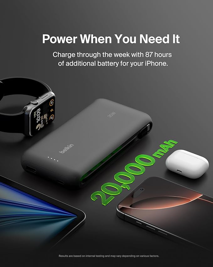 Belkin Portable Charger, Power Bank with Integrated Cable 20000 mAh 30W - Fast Charging USB C Power Delivery - iPhone 17, Air, Pro, Pro Max, iPad, AirPods, Apple Watch, Galaxy S25, & More - Black