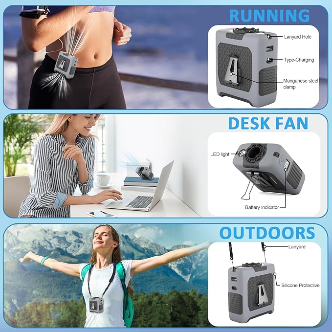 Portable Fan Wearable Personal Fan with 5 Speed Max 55 Working Hours Low Noise Portable Neck Fans Cooling Waist Fans for Camping Traveling LED Power Display 10000mAh Rechargeable (Gray)