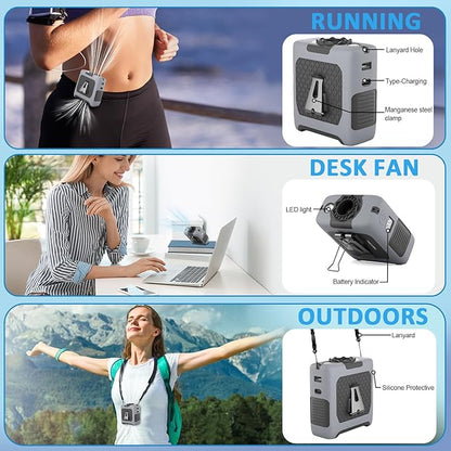 Portable Fan Wearable Personal Fan with 5 Speed Max 55 Working Hours Low Noise Portable Neck Fans Cooling Waist Fans for Camping Traveling LED Power Display 10000mAh Rechargeable (Gray)