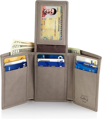 Stealth Mode Trifold Wallet - RFID Blocking Wallet with Flip ID Holder - Leather Case for Money, Credit Cards - Mens Organizer, Divided Billfold, Identity Protection - Men's Gifts (Grey)
