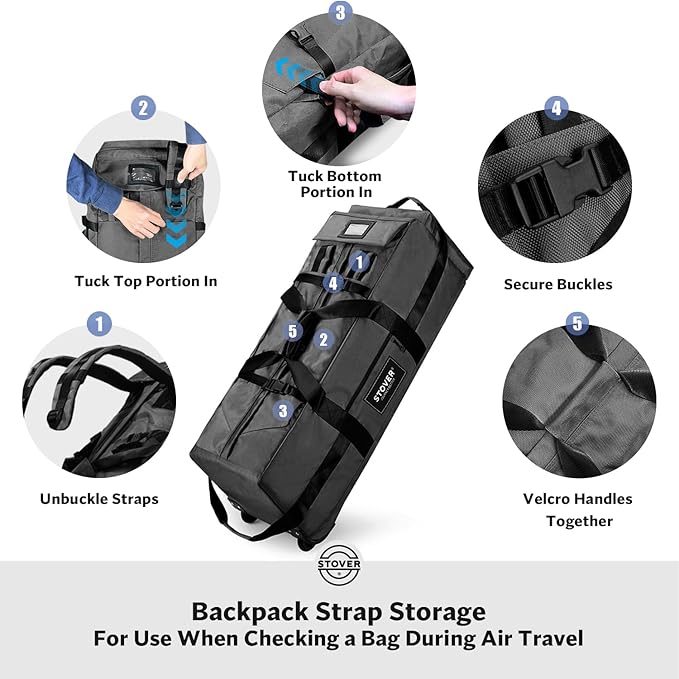 STOVER 100L Rolling Duffel Bag with Wheels, X-Large Durable Travel Duffle + Toiletry Bag, Heavy Duty, Packable with Shoulder Straps- Use as Luggage or Backpack, Men/Women (Black)