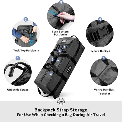 STOVER 80L Rolling Duffel Bag with Wheels, Large 31 Inch Durable Travel Duffle + Toiletry Bag, Heavy Duty, Packable, Foldable w/Shoulder Straps- Use as Luggage or Backpack, Men/Women (Black)