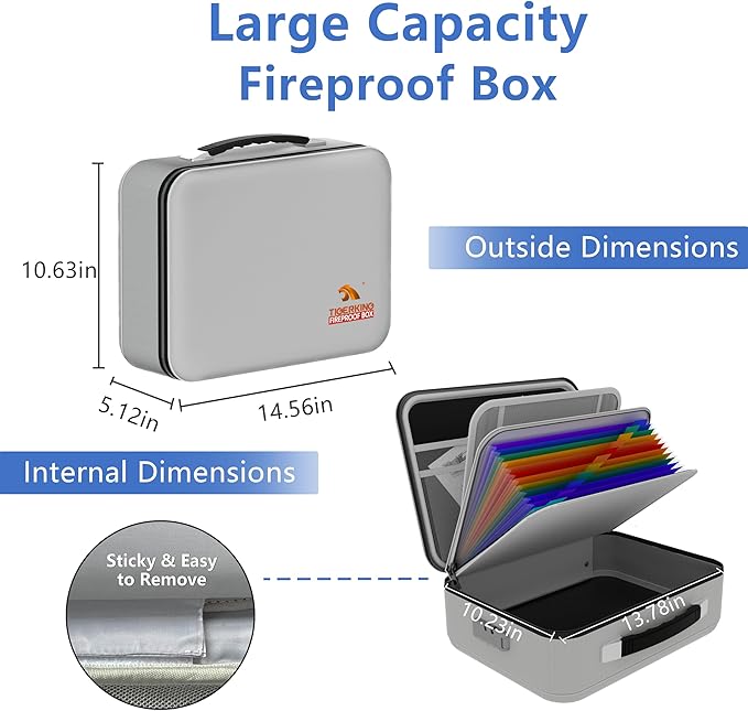 TIGERKING Fireproof Document Box Hard Shell, Fire Proof File Box for Documents with Combination Lock, File Safe Boxs Fireproof Waterproof with Handle, Durable Organizer for Home Office Storage - Grey