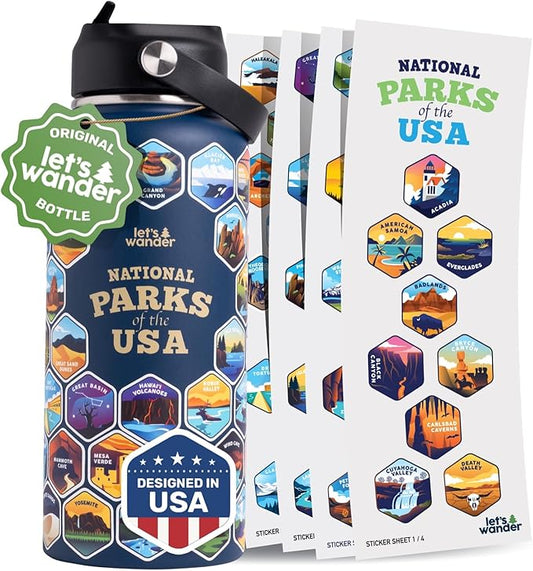 LET'S WANDER Original National Parks Water Bottle with 63 Waterproof Stickers - 32oz Leakproof Insulated Stainless Steel with Straw - USA Hiker Gift Bottle (Blue)
