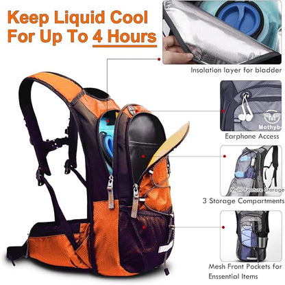 Insulated Hydration Backpack Pack with 3L BPA Free Leak Proof Water Bladder, Large Storage Lightweight Hiking Daypack with Waist Pouches & Cooler Layer, for Running, Biking, Camping, Festival